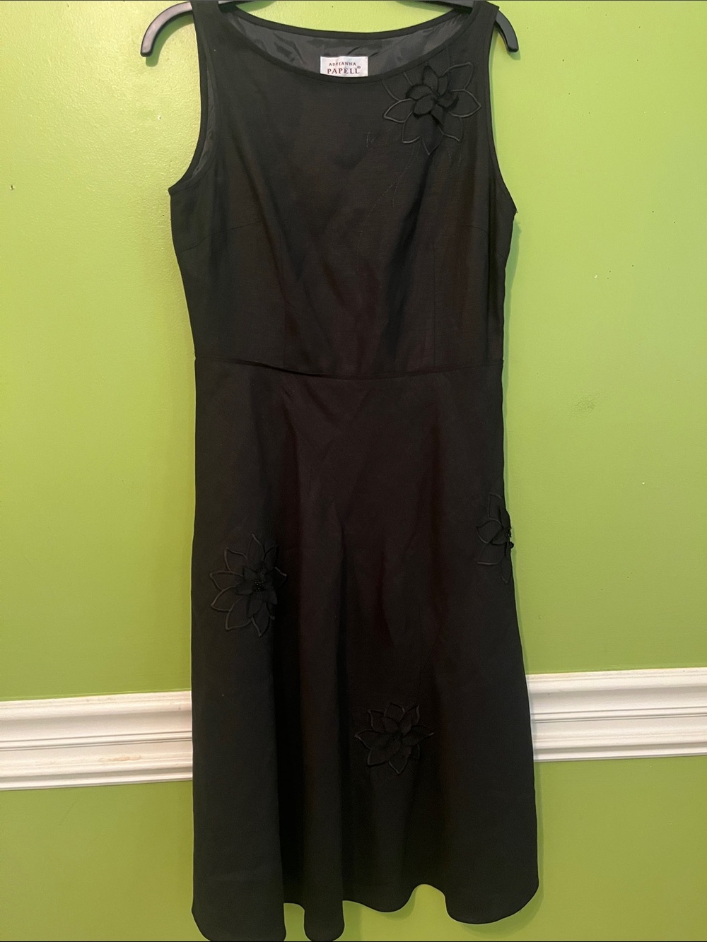 Adrianna Papell Black Linen Midi Dress Floral Appliqué